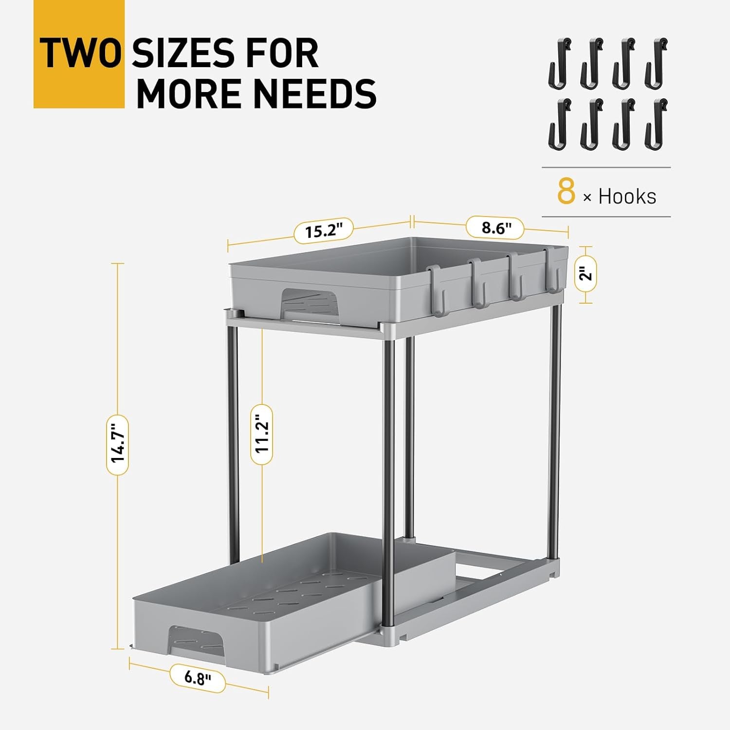 under Sink Organizers and Storage, 2 Pack Pull Out Kitchen Bathroom Cabinet Organizer, 2 Tier Grey under Sink Storage for Bathroom Kitchen