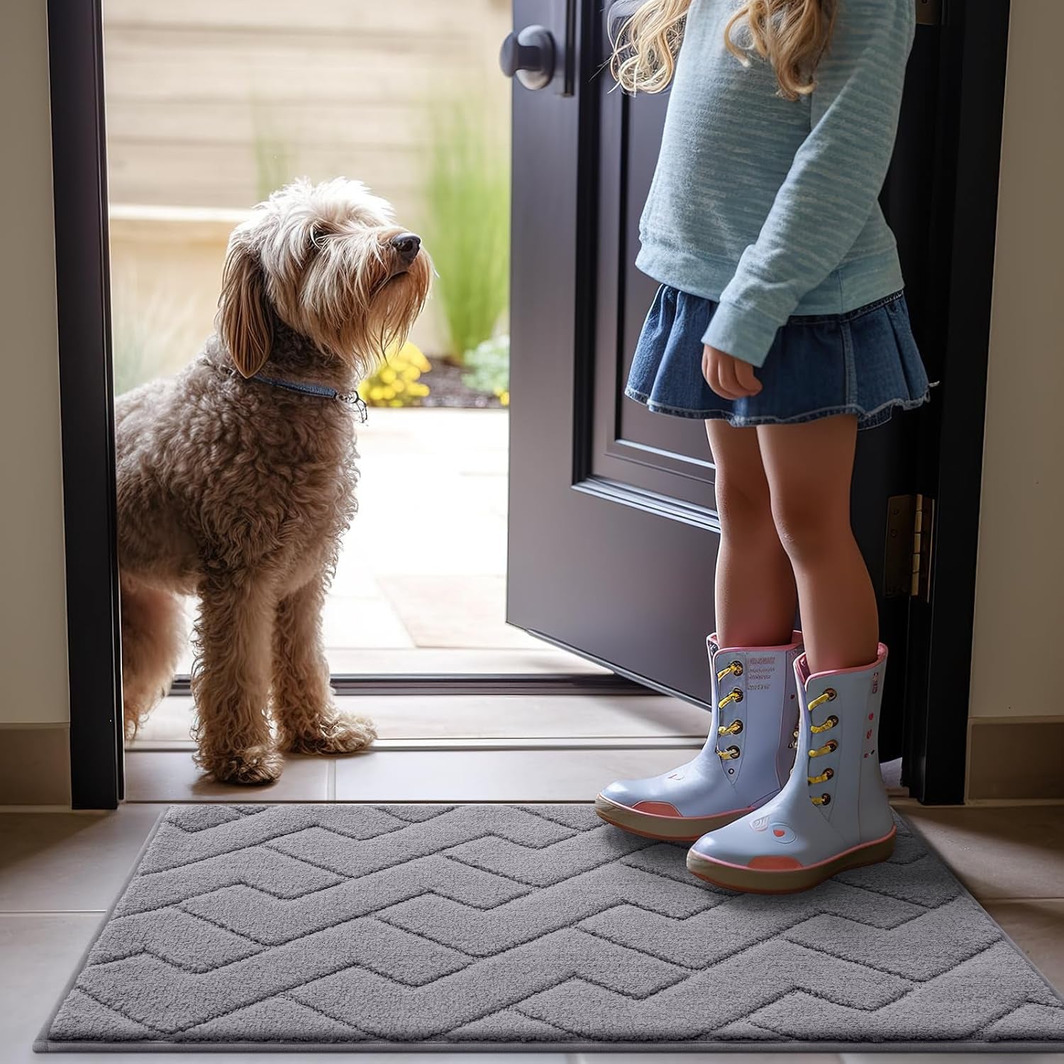 Indoor Door Mat, 32X20, Dirt Resistant and Absorbent, Sturdy Non-Slip Rubber Backing, Easy to Clean, Washable Low-Profile Doormat for Entryway, Medium Gray