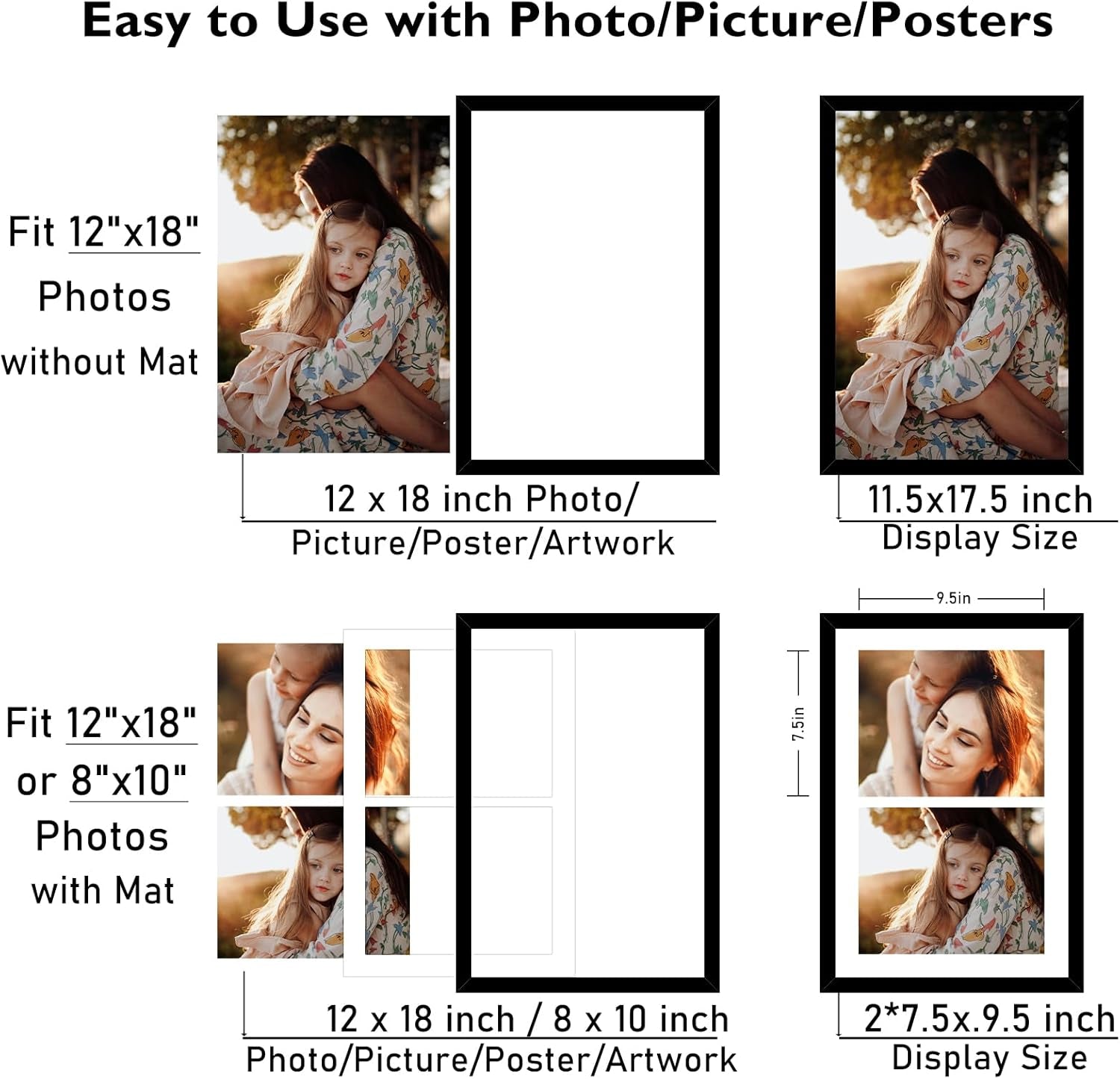 12X18 Double 8X10 Picture Frame, Display 2 8X10 Photos or 12X18 Picture, Two Opening 8 X 10 Collage Frame for Wall Hanging, 8 by 10 Multi Photo Frame, Black