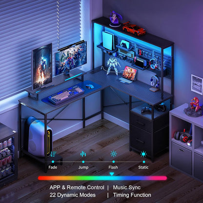 L Shaped Gaming Desk with Pegboard, Reversible Computer Desk with LED Lights & Power Outlets, Drawers & Storage Shelves, Home Office Desks