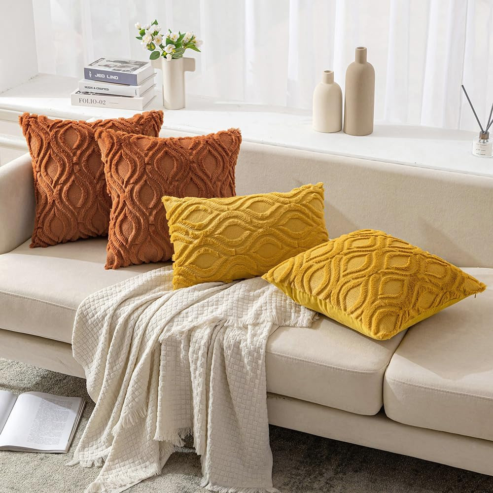 Burnt Orange Fall Throw Pillow Covers 18X18 Inch, Soft Plush Faux Wool Solid Couch Pillows Set of 2, Decorative Farmhouse Boho Cushion Covers for Sofa Living Room Bed Home Decor