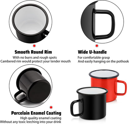 Enamel Coffee Mugs Cups Set of 2,12 Oz Small Enamel Camping Cup for Coffee Water Soup, Indoor and Outdoor Use, Portable & Sturdy, Black & Red
