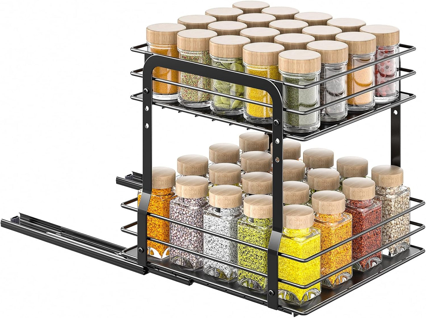 Pull Out Spice Rack Organizer for inside Cabinet, 2 Tier Spice Organization for Cabinet, 9.65"W X 10.7"D X 10.24"H, Vertical Slide Out Seasoning Organizer, Black (Not for Cabinet with Lip)