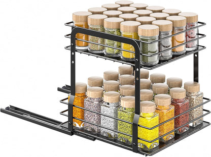 Pull Out Spice Rack Organizer for inside Cabinet, 2 Tier Spice Organization for Cabinet, 9.65"W X 10.7"D X 10.24"H, Vertical Slide Out Seasoning Organizer, Black (Not for Cabinet with Lip)