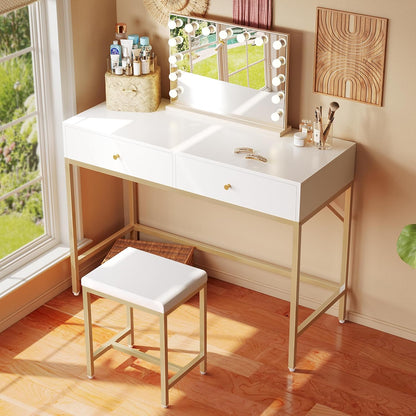 35.4" White and Gold Modern Desk with Two Drawers, Makeup Vanity Set with Padded Stool, Compact Home Office Writing Desk for Study and Bedroom