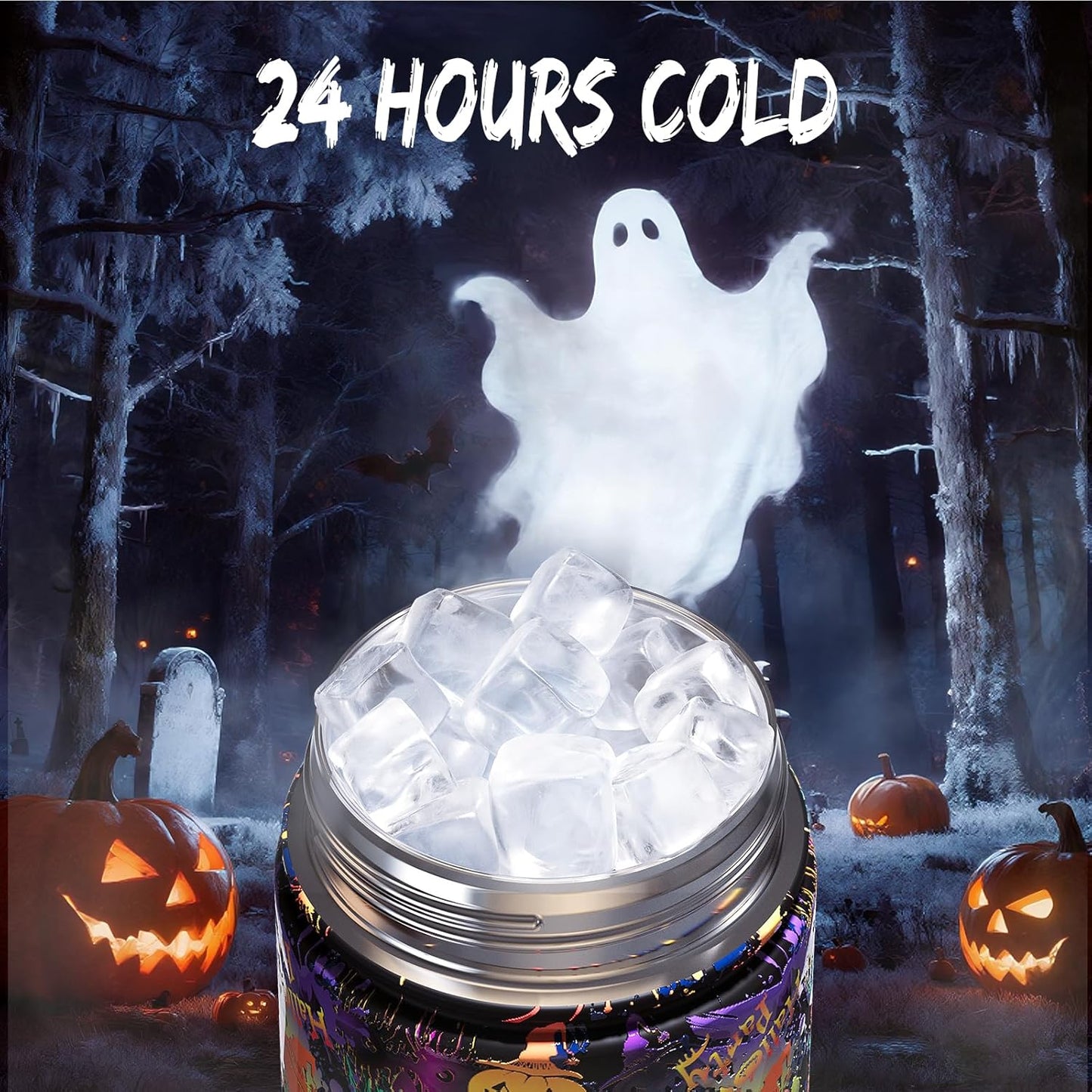 Halloween Insulated Water Bottle with Straw, Stainless Steel Water Bottle, Leak Proof Bpa-Free, Keeps Cold for 24 Hours for Sports, Skull Spooky Holiday Gifts (26 Oz, Ghost Party)