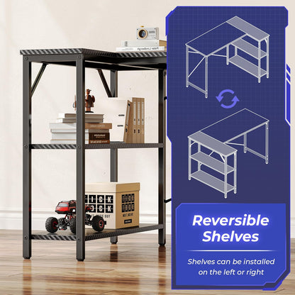 L-Shaped 47-Inch Gaming and Home Office Desk with Reversible Storage Shelves and Metal Frame in Carbon Fiber Black