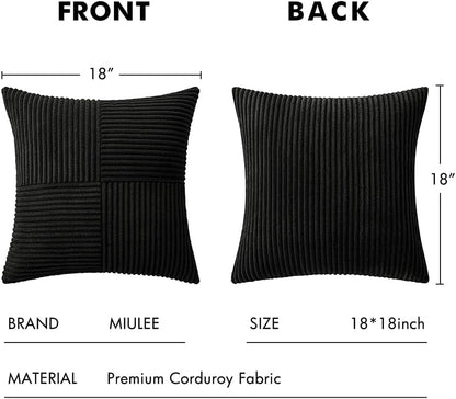 Black Corduroy Decorative Pillow Covers - Set of 2, 18x18 Inch Soft Solid Textured Cushion Covers with Cross Patchwork for Living Room and Sofa