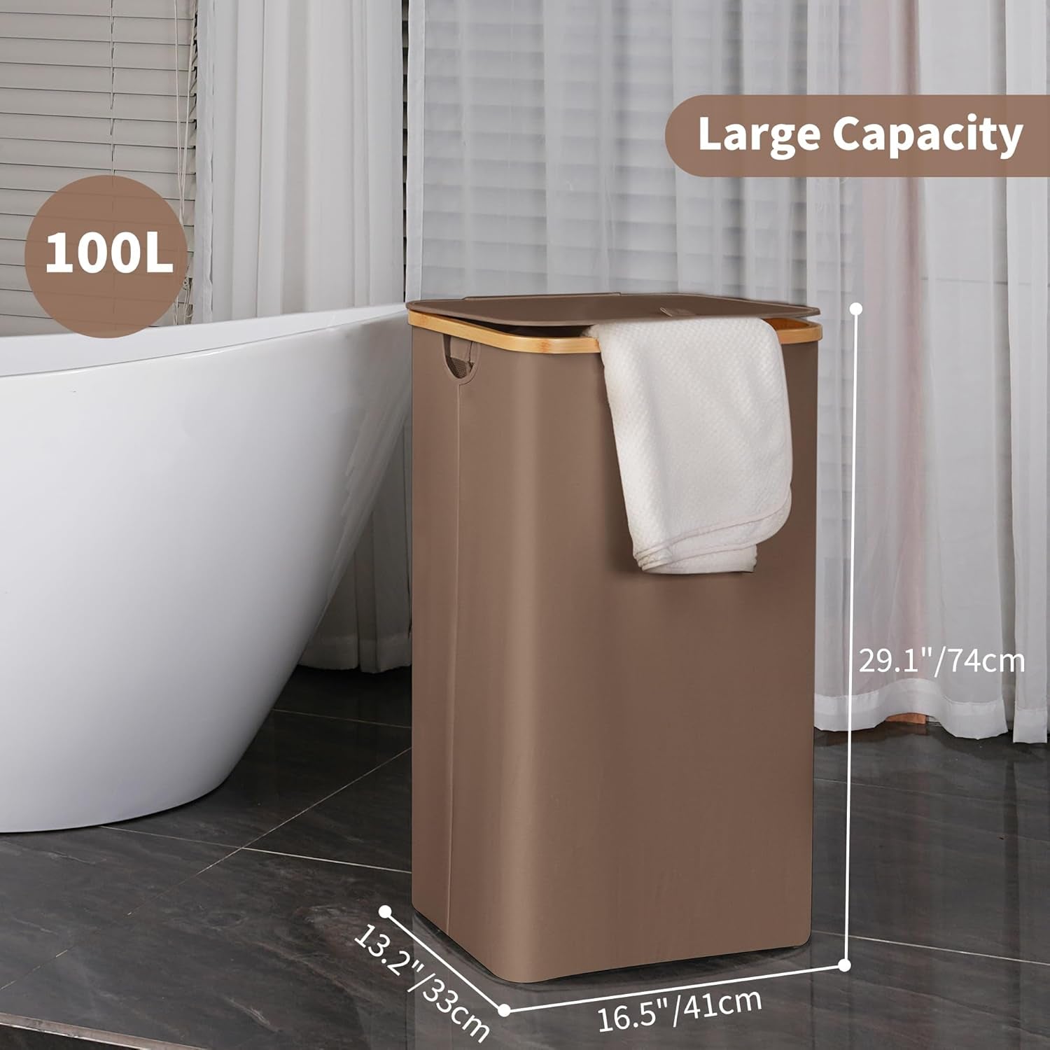 26 Gal Laundry Basket with Lid and Net Bag, Tall Laundry Hamper with Bamboo Handles, Aesthetic Dirty Clothes Bin for Laundry Room, Bathroom, Bedroom and Dorm, Brown