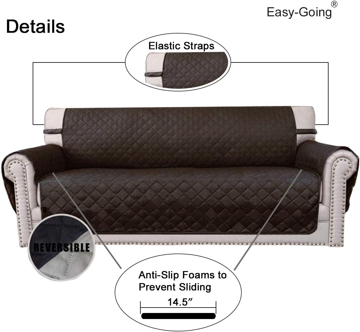Reversible Couch Cover for 3 Cushion Couch Sofa Cover for Dogs Water Resistant Furniture Protector Cover with Foam Sticks Elastic Straps for Pet Cat (Sofa, Chocolate/Beige)