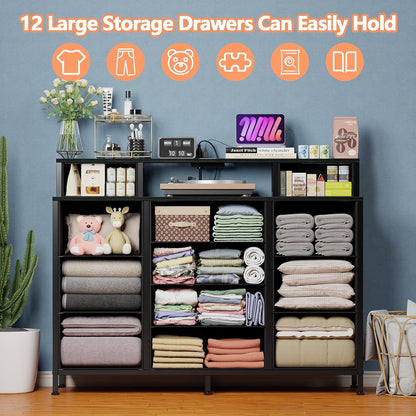 Elegant Black Bedroom Dresser with LED Lighting and Integrated Charging Station, 47"W Closet Chest with 12 Storage Drawers, Versatile TV Stand and Hallway Furniture, Featuring a 2-Tier Wooden Top and Sturdy Metal Frame