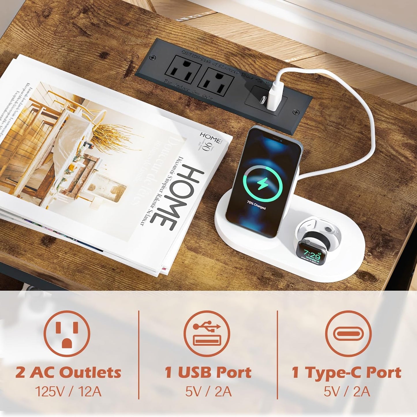 Rustic Brown Nightstand with Integrated Charging Station and Adjustable Fabric Drawer, 3-Tier Storage End Table for Bedroom and Living Room