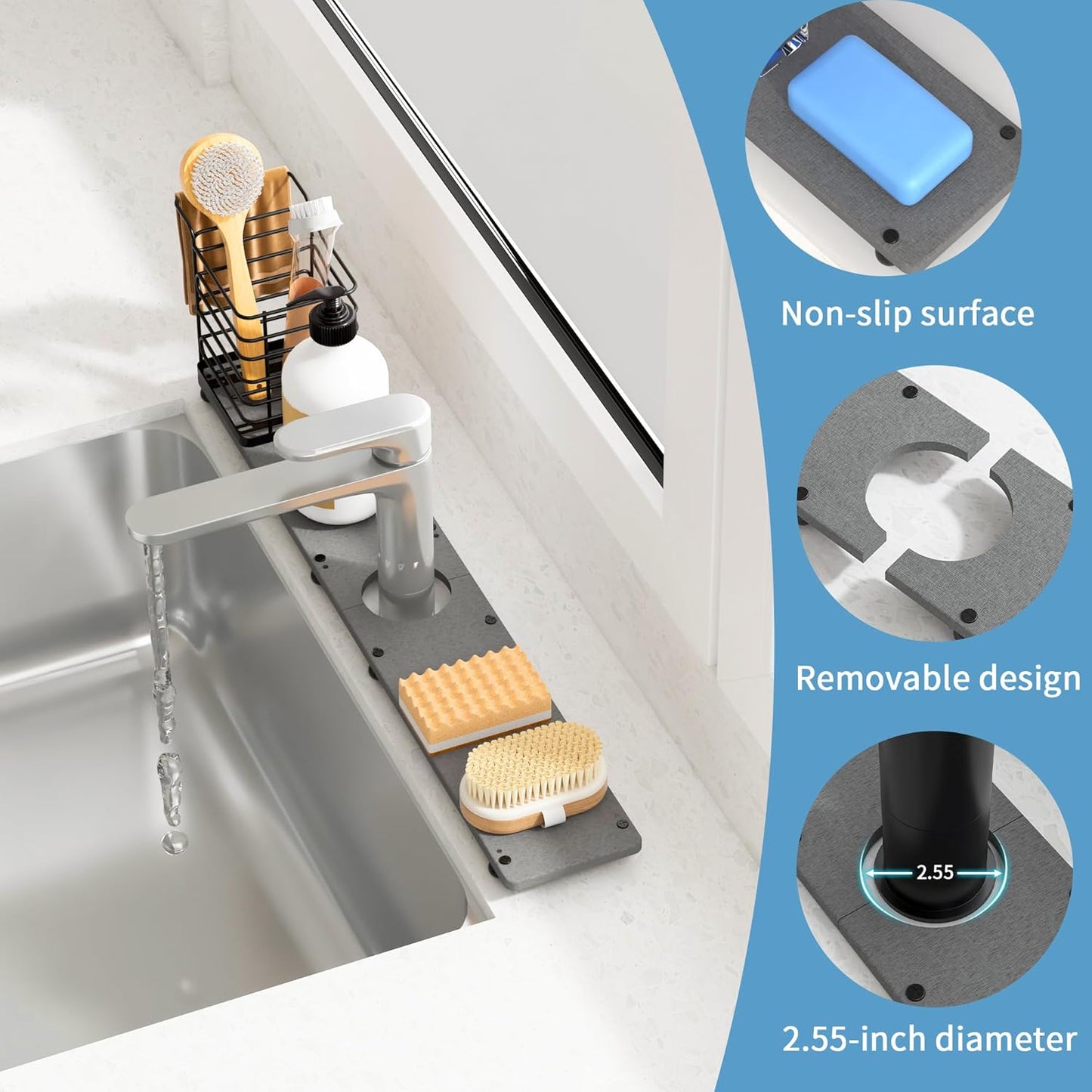 Kitchen Sink Faucet Mat with Brush Holder - 23.6 Inch Absorbent Splash Guard, Diatomite Stone Fast-Drying Mat for Bathroom Counters