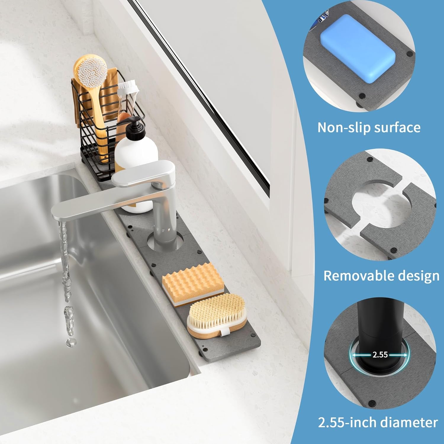 Kitchen Sink Faucet Mat with Brush Holder - 23.6 Inch Absorbent Splash Guard, Diatomite Stone Fast-Drying Mat for Bathroom Counters