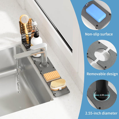 Kitchen Sink Faucet Mat with Brush Holder - 23.6 Inch Absorbent Splash Guard, Diatomite Stone Fast-Drying Mat for Bathroom Counters