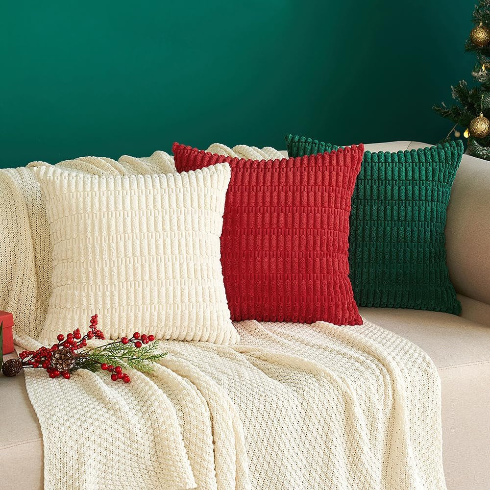 Pack of 2 Christmas Red Corduroy Decorative Pillow Covers 18X18 Inch Soft Boho Striped Throw Pillow Covers Modern Farmhouse Home Decor for Sofa Living Room Couch Bed