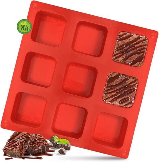 Silicone Brownie Pan, 9-Cavity Non-Stick Square Baking Pan, Perfect for Brownies, Cornbread, Muffin and Cakes, BPA Free and Dishwasher Safe