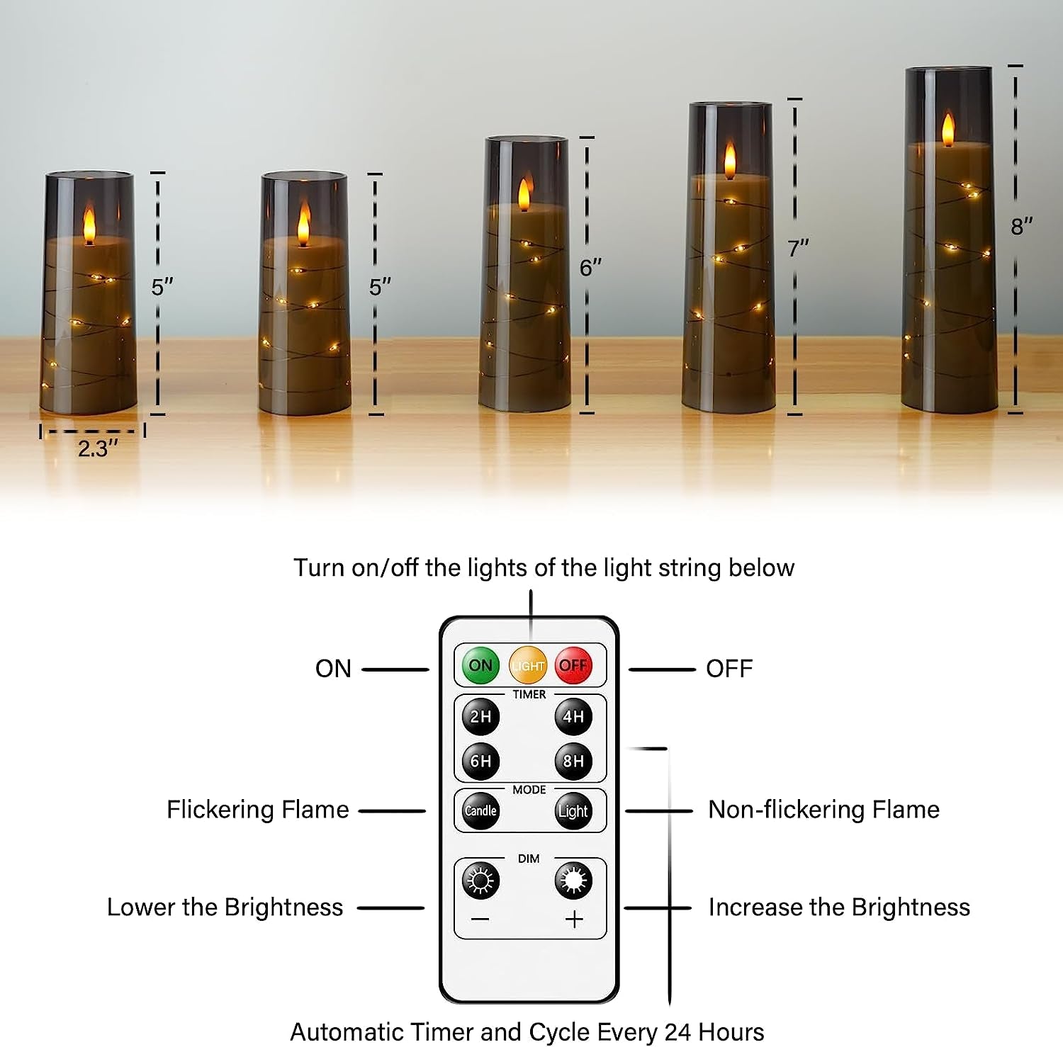 Flameless LED Candles with Timer 5 Pc Flickering Flameless Candles for Romantic Ambiance and Home Decoration Stable Acrylic Shell,With Embedded Star String，Battery Operated Candles（Grey）