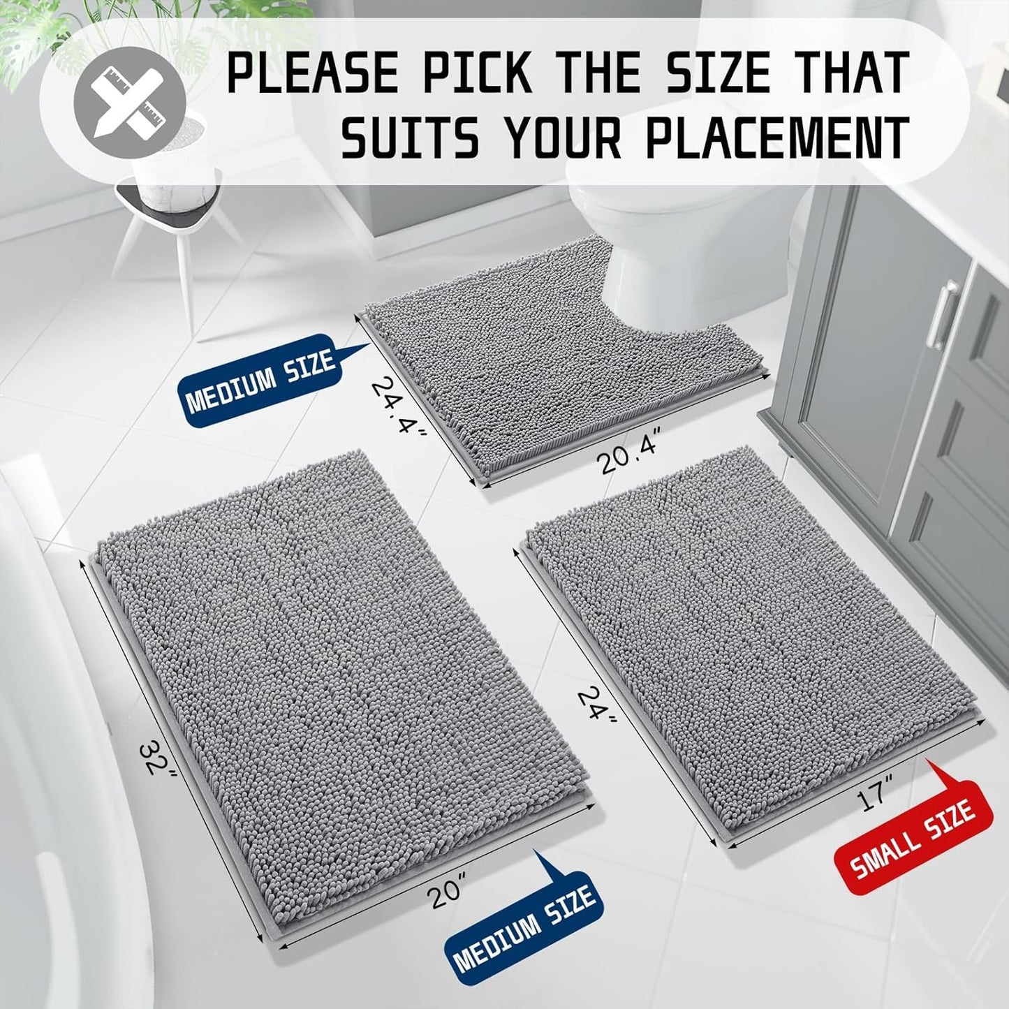 Chenille Bathroom Rugs - 24"X17" Super Luxury Soft & Absorbent Quick Dry - Non Slip Bath Mat for Tub Shower - Machine Washable - Gray