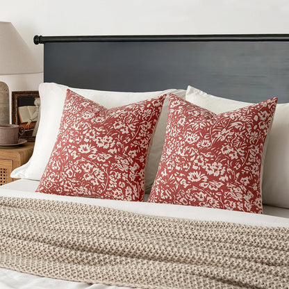 Floral Pillow Covers 18X18 Set of 2, Neutral Linen Decorative Throw Pillow Covers for Sofa Couch Outdoor Living Room, Farmhouse Cushion Covers, Red
