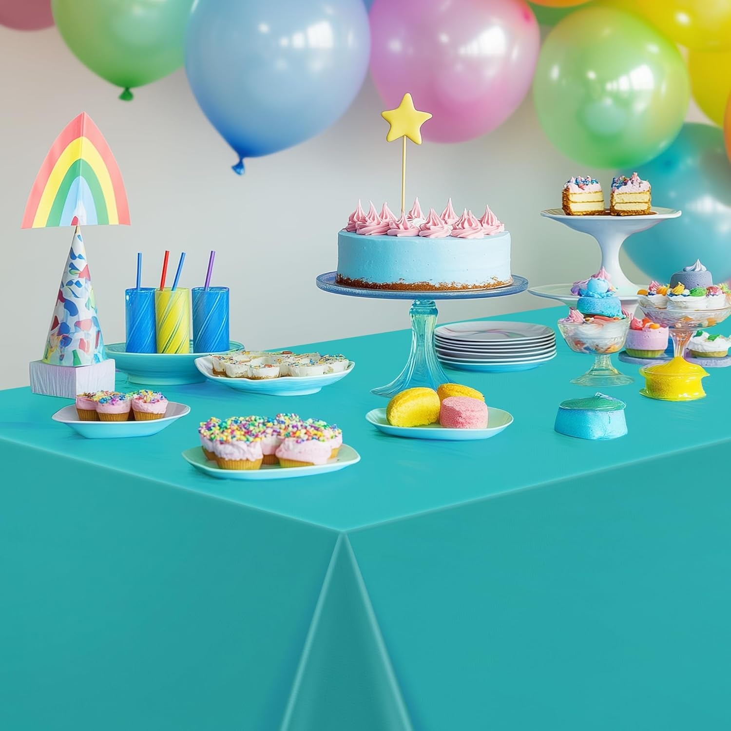 Aqua Rectangle Tablecloth Set of 4, 54x72 Inches, Solid Color Waterproof and Spillproof Disposable Plastic Covers, Durable for Dining, Buffet, Picnic, and Outdoor Events