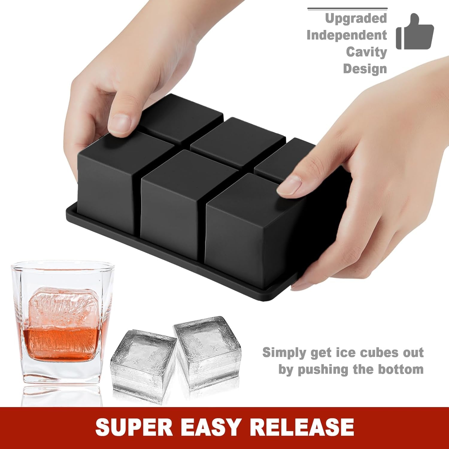 Large Ice Cube Tray with Lid Pack of 2, Stackable 2 Inch Big Silicone Square Ice Cube Mold for Whiskey Cocktails Bourbon Soups Frozen Treats, BPA Free
