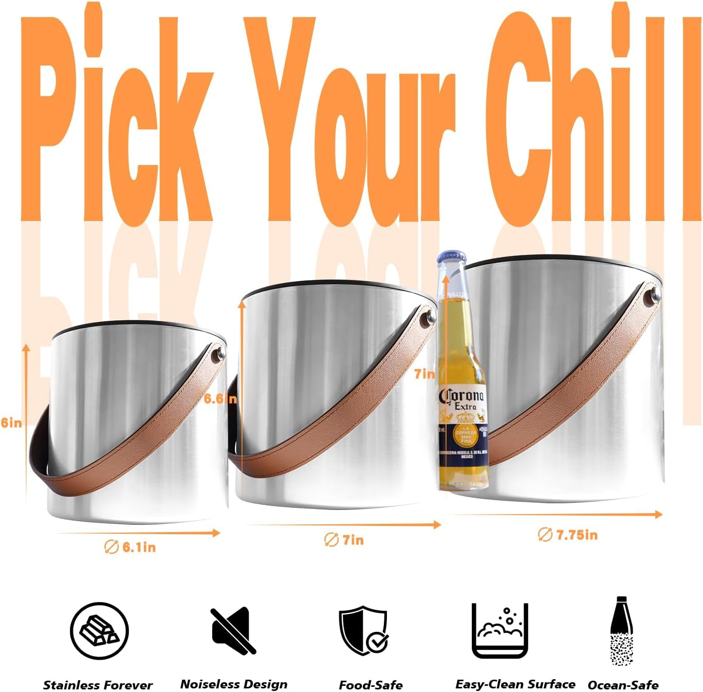 Double-Wall Vacuum Insulated Ice Bucket with Lid, Scoop, Ice Tong, Strainer & Leather Handle Keep Ice Frozen Longer Large Wine Ice Buckets for Cocktail Bar,Parties Chilling Beer Champagne 3L