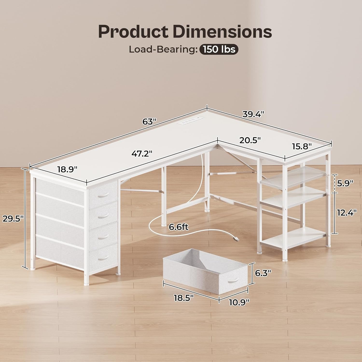 63-Inch L-Shaped Desk with Fabric Drawers, Reversible Computer Gaming Desk Featuring Power Outlets and USB-C Port, Adjustable Side Storage Shelves for Home Office and Study Corner, White