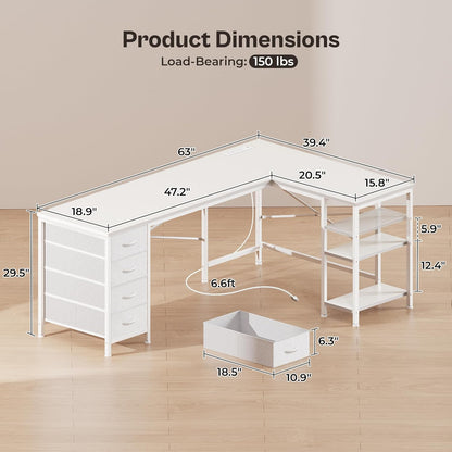 63-Inch L-Shaped Desk with Fabric Drawers, Reversible Computer Gaming Desk Featuring Power Outlets and USB-C Port, Adjustable Side Storage Shelves for Home Office and Study Corner, White