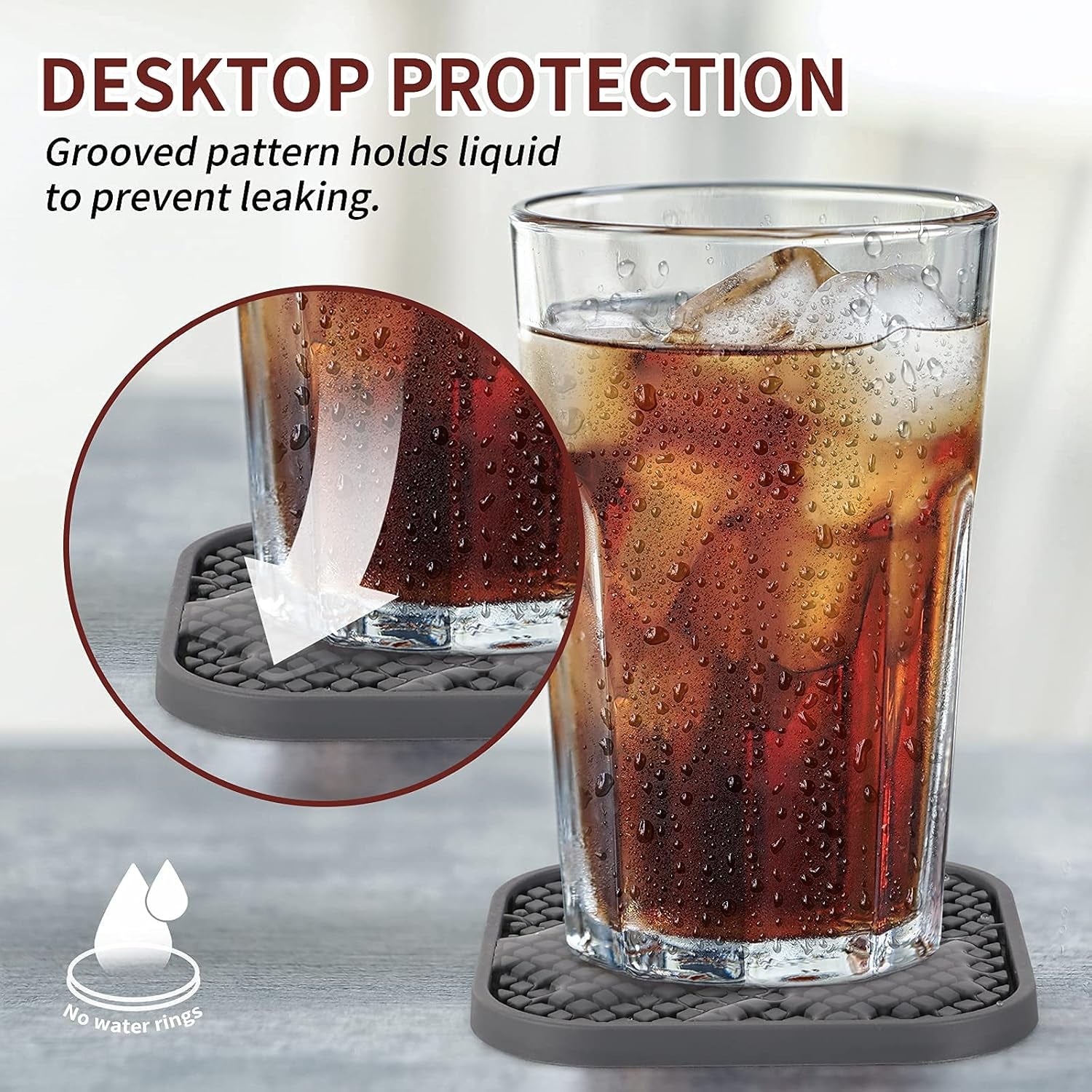 Silicone Coasters with Holder [6 Pack] Square Drink Cup Mat - Non-Slip, Non-Stick, Stay Put, Deep Tray - Prevents Furniture and Tabletop Damages Black