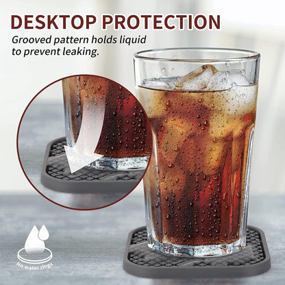 Silicone Coasters with Holder [6 Pack] Square Drink Cup Mat - Non-Slip, Non-Stick, Stay Put, Deep Tray - Prevents Furniture and Tabletop Damages Black