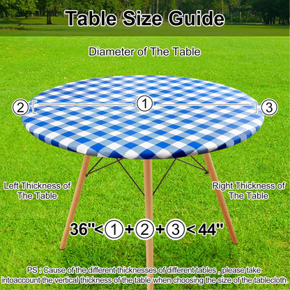 round Picnic Tablecloth, Elastic Waterproof Fitted Vinyl Tablecloths for 36"-44" Tables, Flannel Backed Buffalo Plaid Table Cover for Dining, Camping, Outdoor, White and Blue