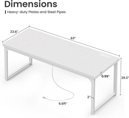 63 x 24 Inch Heavy-Duty Office Desk with Power Outlets & USB-C, Enhanced Desktop Thickness, Sturdy Metal Frame, Ideal for Home Office and Gaming