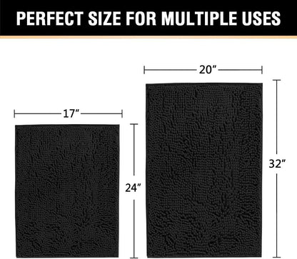 Black Bathroom Rug Set 2 Piece, Bath Mats for Bathroom Floor, Super Thick Soft Shaggy Chenille Bath Mats Machine Washable, Dry Fast Water Absorbent Bath Mats(20" X 32"/17" X 24")