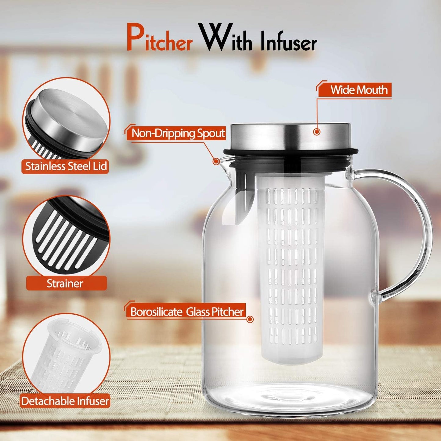 Glass Water Pitcher, Fruit Infuser Pitcher with Removable Lid, High Heat Resistance Infusion Carafe for Hot/Cold Water, Flavor-Infused Beverage & Iced Tea - 2 Qt