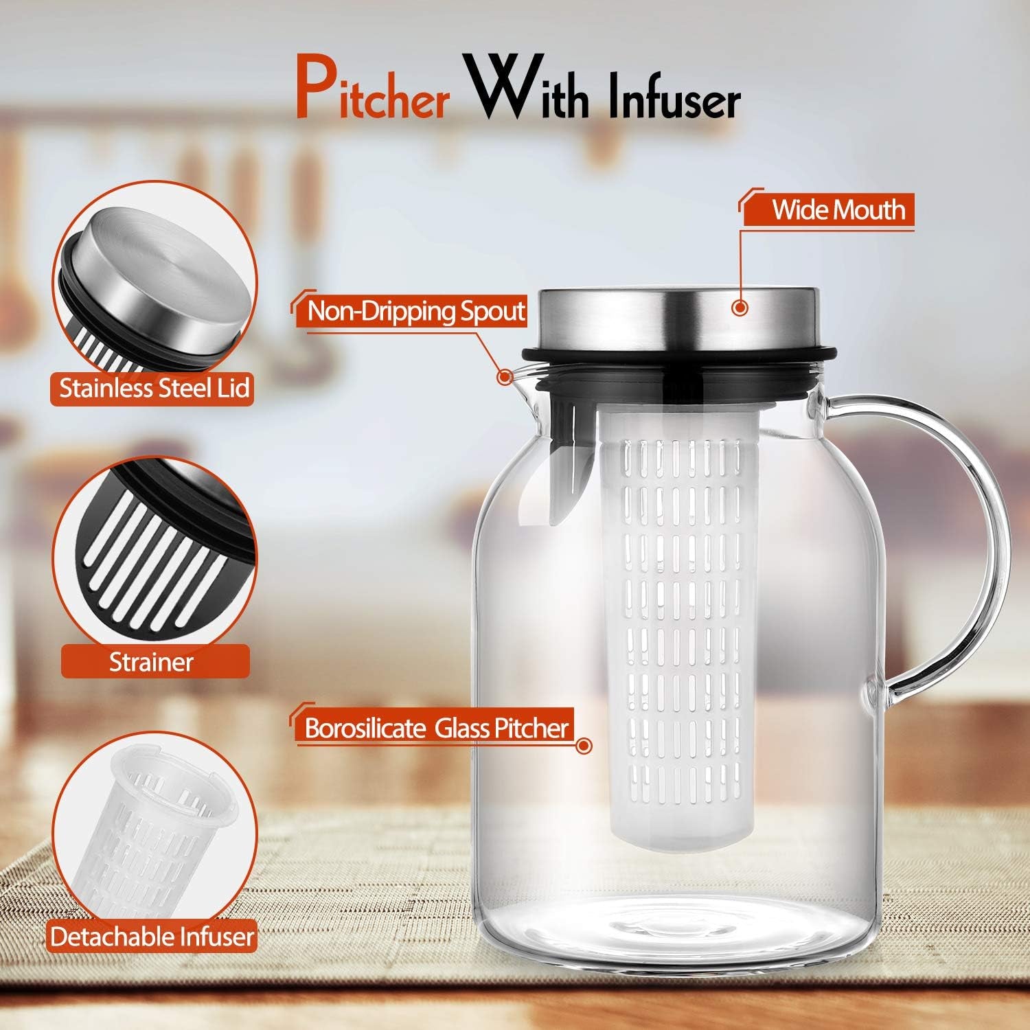 Glass Water Pitcher, Fruit Infuser Pitcher with Removable Lid, High Heat Resistance Infusion Carafe for Hot/Cold Water, Flavor-Infused Beverage & Iced Tea - 2 Qt