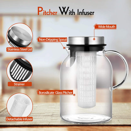 Glass Water Pitcher, Fruit Infuser Pitcher with Removable Lid, High Heat Resistance Infusion Carafe for Hot/Cold Water, Flavor-Infused Beverage & Iced Tea - 2 Qt