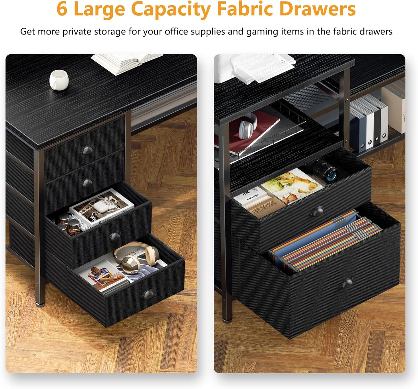 66" L Shaped Gaming Desk with 6 Drawers & Printer Storage Shelves, Reversible Computer Corner Desk with Power Outlets & LED Lights, Home Office Table with Monitor Stand, Black