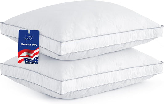 ® Goose Feathers and down Pillows - Made in USA, Pillows Queen Size Set of 2, Hotel Pillow with 100% Cotton Cover, Luxury Gusseted Bed Pillows for Sleeping