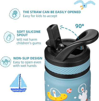 14 Oz Kids Insulated Water Bottle with Straw - Stainless Steel Double Wall Vacuum Cup, Leakproof, BPA Free, Suitable for Boys and Girls(Cyan - Duck in Space)