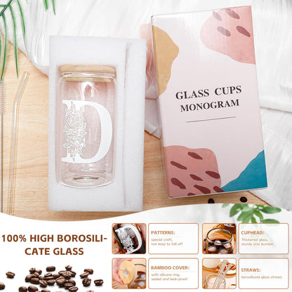 Gifts for Holidays,Birthday Gifts for Women,Personalized Initial Glass Cup as Iced Coffee Cups,Aesthetic Smoothie Cup Cute Beer Tumbler,16 Oz Glass Cups with Lids and Straws-D(1Psc)