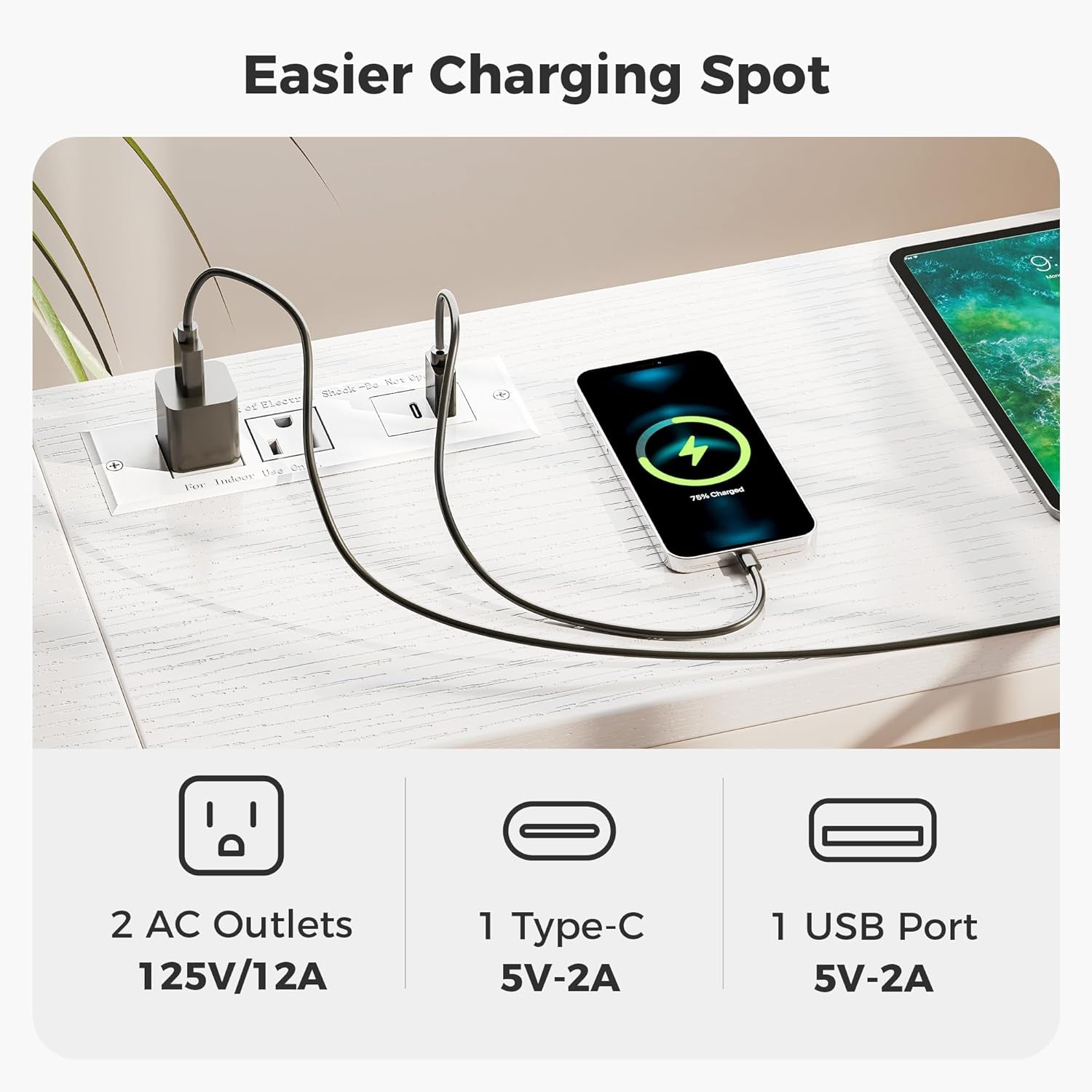 70-Inch Console Table with Integrated Charging Station, Slim Entryway Table for Living Room, White Finish
