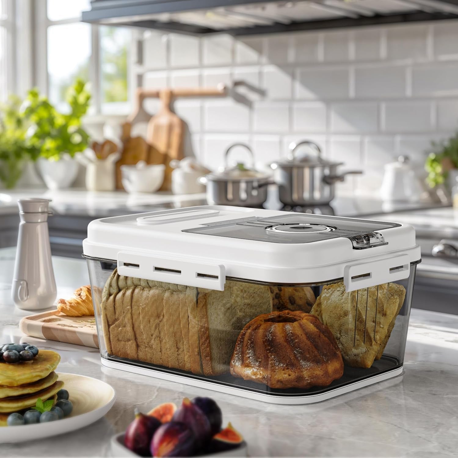 Bread Box for Kitchen Countertop, Airtight Bread Storage Container, Time Recording Bread Keeper with Lid,Bread Storage for Homemade Breads, Toast, and Cookies, White Bread Holder.