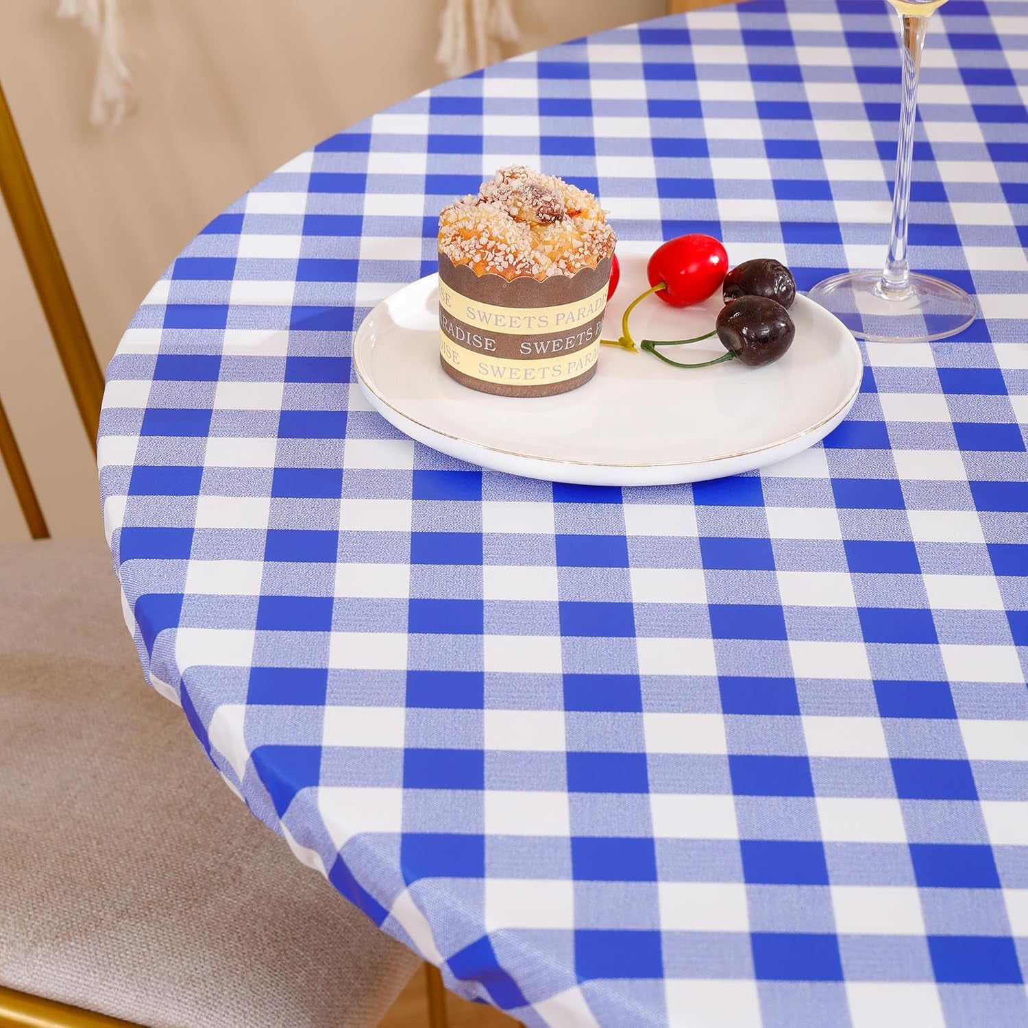 Round Vinyl Fitted Tablecloth with Flannel Backing Elastic Edge Design Table Cover Waterproof Oil-Proof PVC Table Cloth Stain-Resistant Best for 32"-36" Round