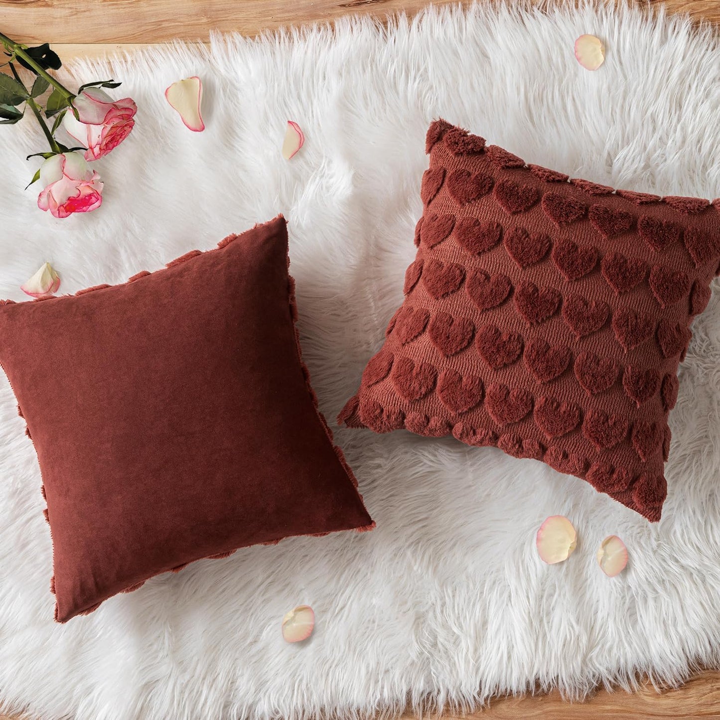 Set of 2 Burgundy Valentines Pillow Covers Heart Love Christmas Decorative Christmas Cute Throw Pillows 18X18 Inch Soft Plush Faux Wool Farmhouse for Spring Sofa Livingroom Bed