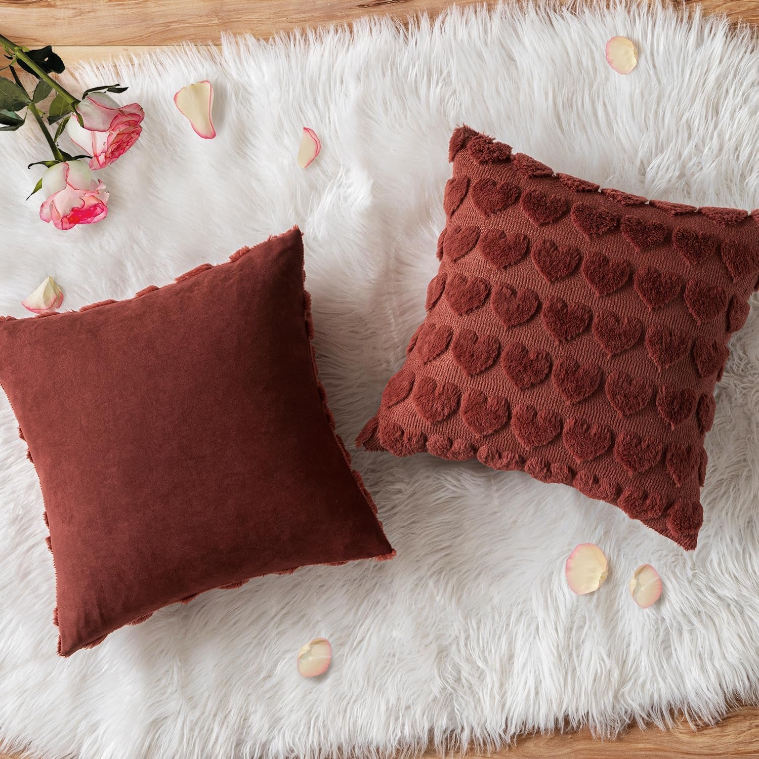 Set of 2 Burgundy Valentines Pillow Covers Heart Love Christmas Decorative Christmas Cute Throw Pillows 18X18 Inch Soft Plush Faux Wool Farmhouse for Spring Sofa Livingroom Bed