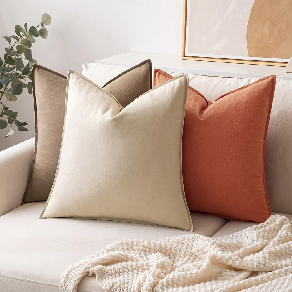 Set of 2 Beige Decorative Pillow Covers 24x24 Inches - Modern Farmhouse Linen Cushion Covers for Sofa and Living Room Decor