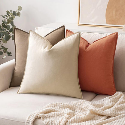 Set of 2 Beige Decorative Pillow Covers 24x24 Inches - Modern Farmhouse Linen Cushion Covers for Sofa and Living Room Decor