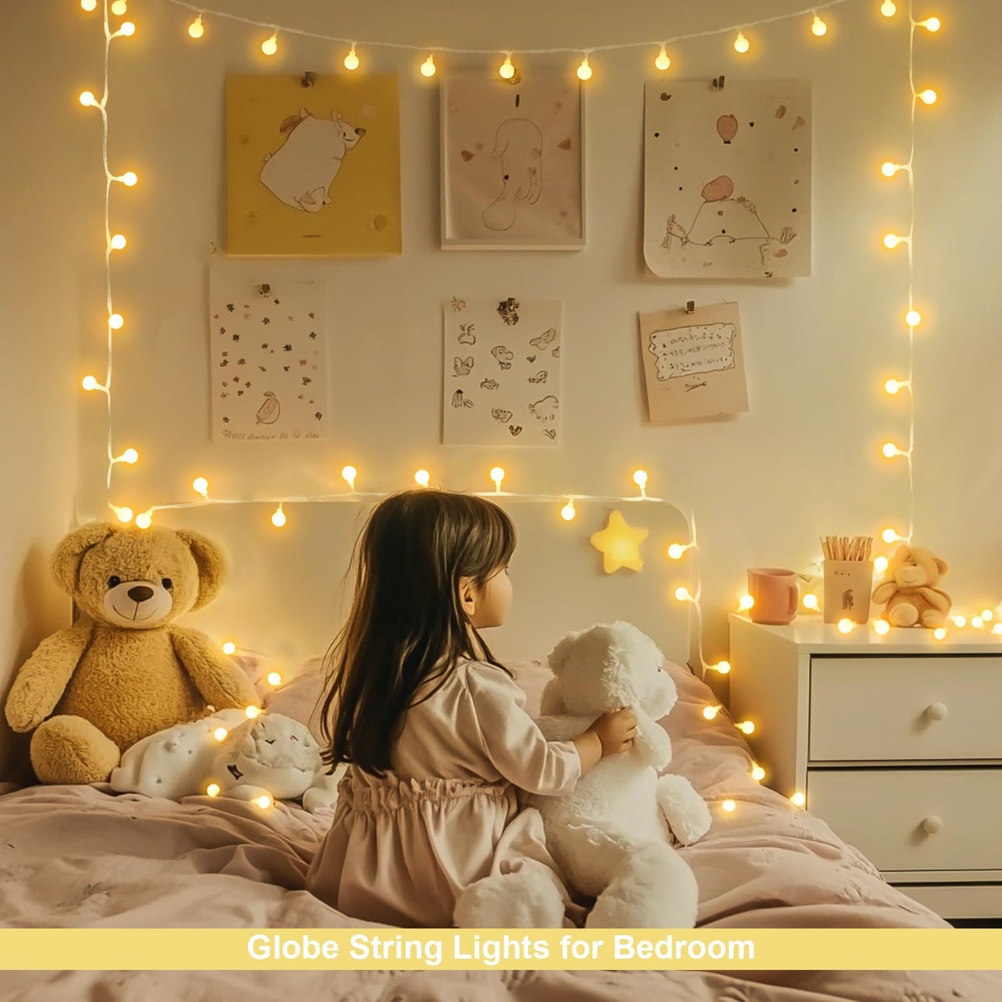 Globe Indoor String Lights Battery Operated, 100 LED Battery Powered String Lights Outdoor Waterproof, 33Ft Classroom Lights with Remote Timer for Bedroom Camping Decor, Warm White