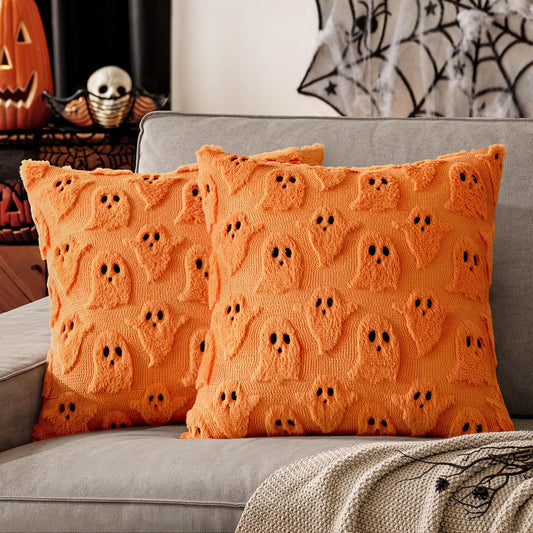 Halloween Decorative Pillow Covers - Set of 2 Soft Plush Faux Fur Ghost Design Cushions for Couch, Sofa, Bed, and Porch - 18x18 Inches - Orange Fall Decor